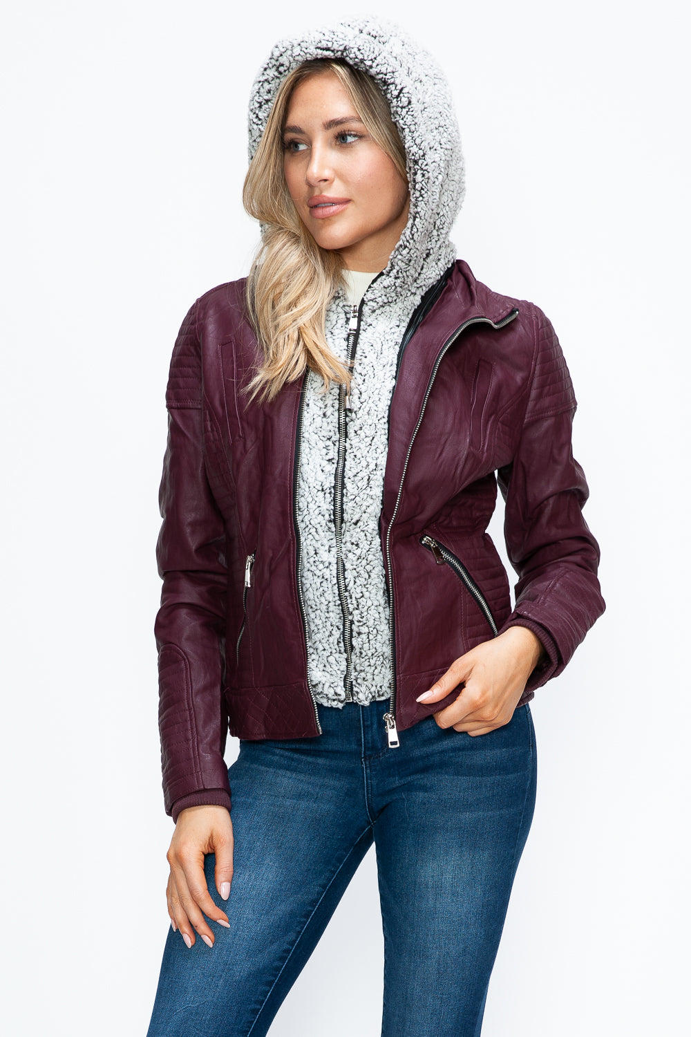 Outfit Flow - YMI Faux Layered Double-Zipper Jacket with Fuzzy Hood