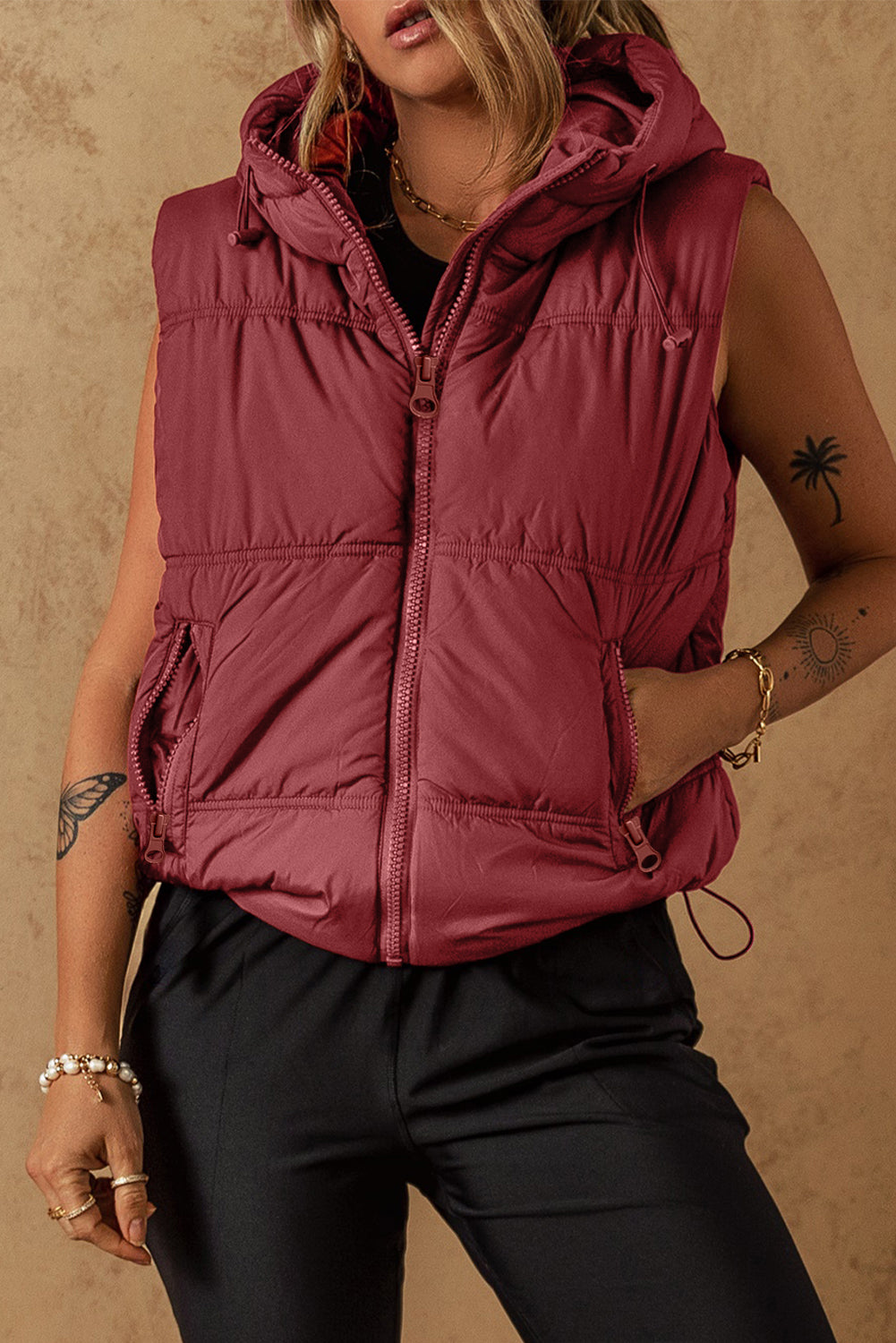 Outfit Flow - Drawstring Zip Up Hooded Vest Coat