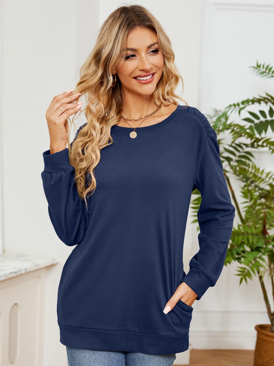 Outfit Flow - Ruched Shoulder Round Neck Long Sleeve Sweatshirt