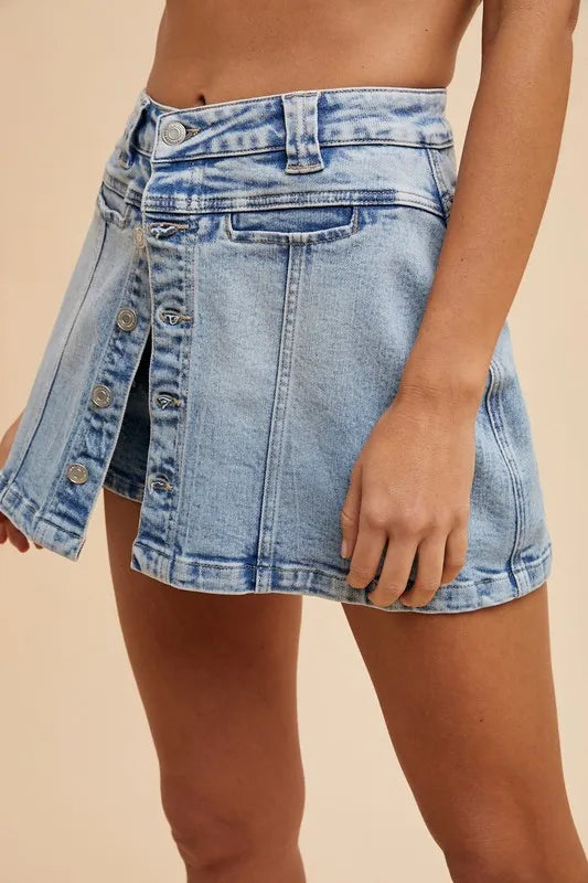 Annie Wear Button Detail Stretch Denim Wrap Mini Skort OutfitFlow
