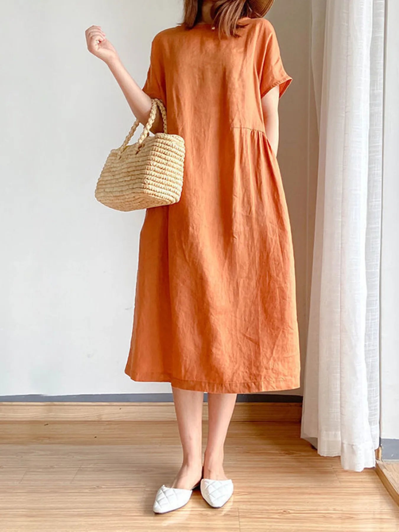 Full Size Casual Round Neck Midi Dress Plus Size Orange OutfitFlow