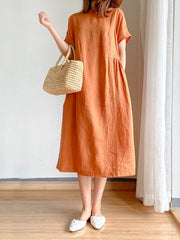 Full Size Casual Round Neck Midi Dress Plus Size Orange OutfitFlow