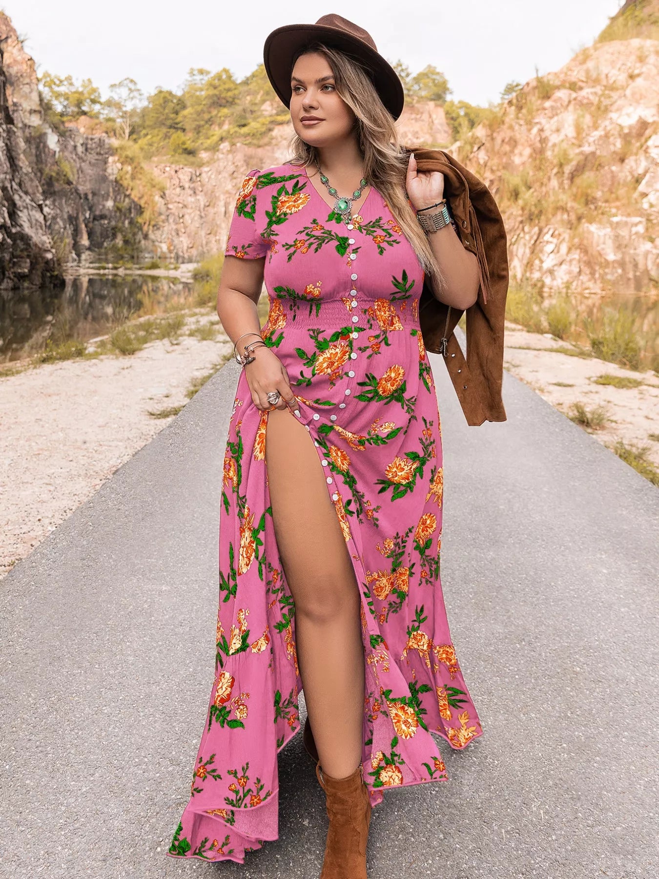 Plus Size Floral V-Neck Short Sleeve Maxi Dress OutfitFlow