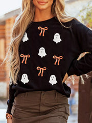 Halloween Ghost Bow Sequin Patched Drop Shoulder Sweatshirt Black OutfitFlow