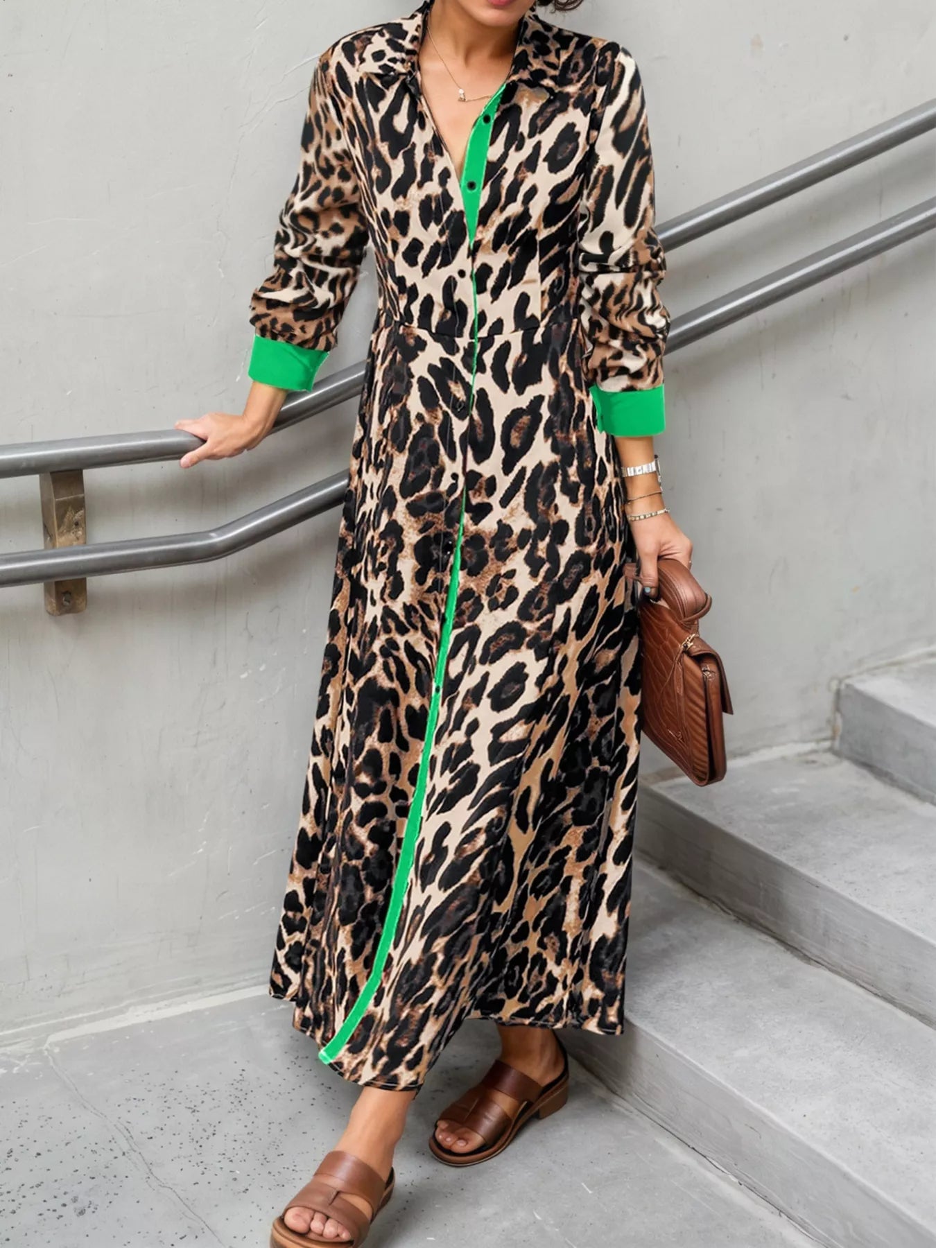 Leopard Print Long Sleeve Shirt Dress with Contrast Trim Army Green OutfitFlow