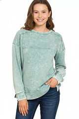 Zenana Acid Wash French Terry Exposed-Seam Pullover OutfitFlow