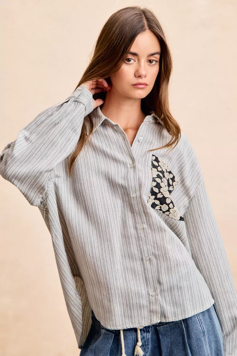 BiBi Flower Jacquard Knit Patch Pocket Stripe Shirt OutfitFlow