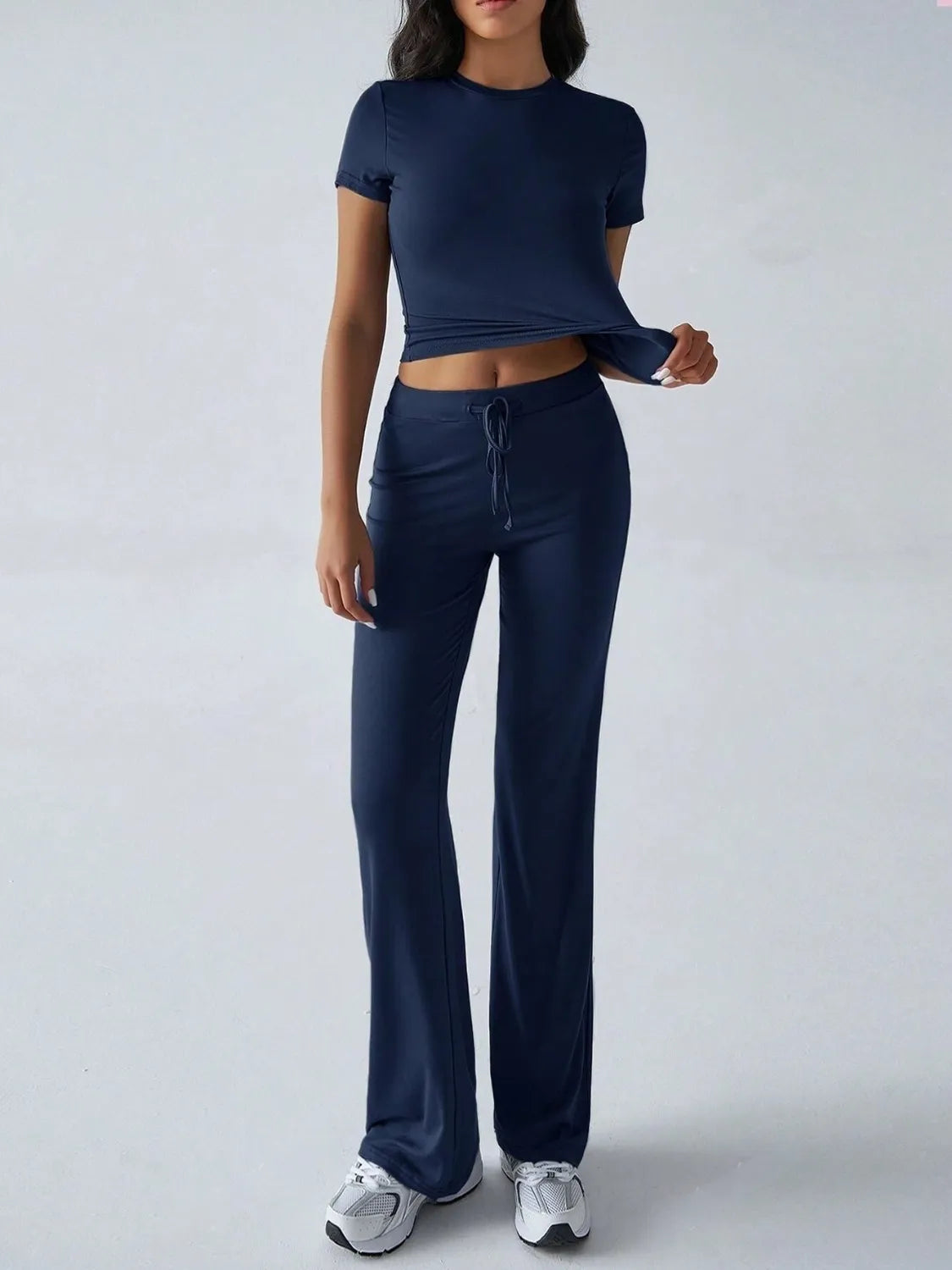 Round Neck Short Sleeve Top and Pants Set Dark Blue OutfitFlow