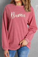 Corded Ribbed Bama Embroidered Letter Graphic Sweatshirt Trendsi