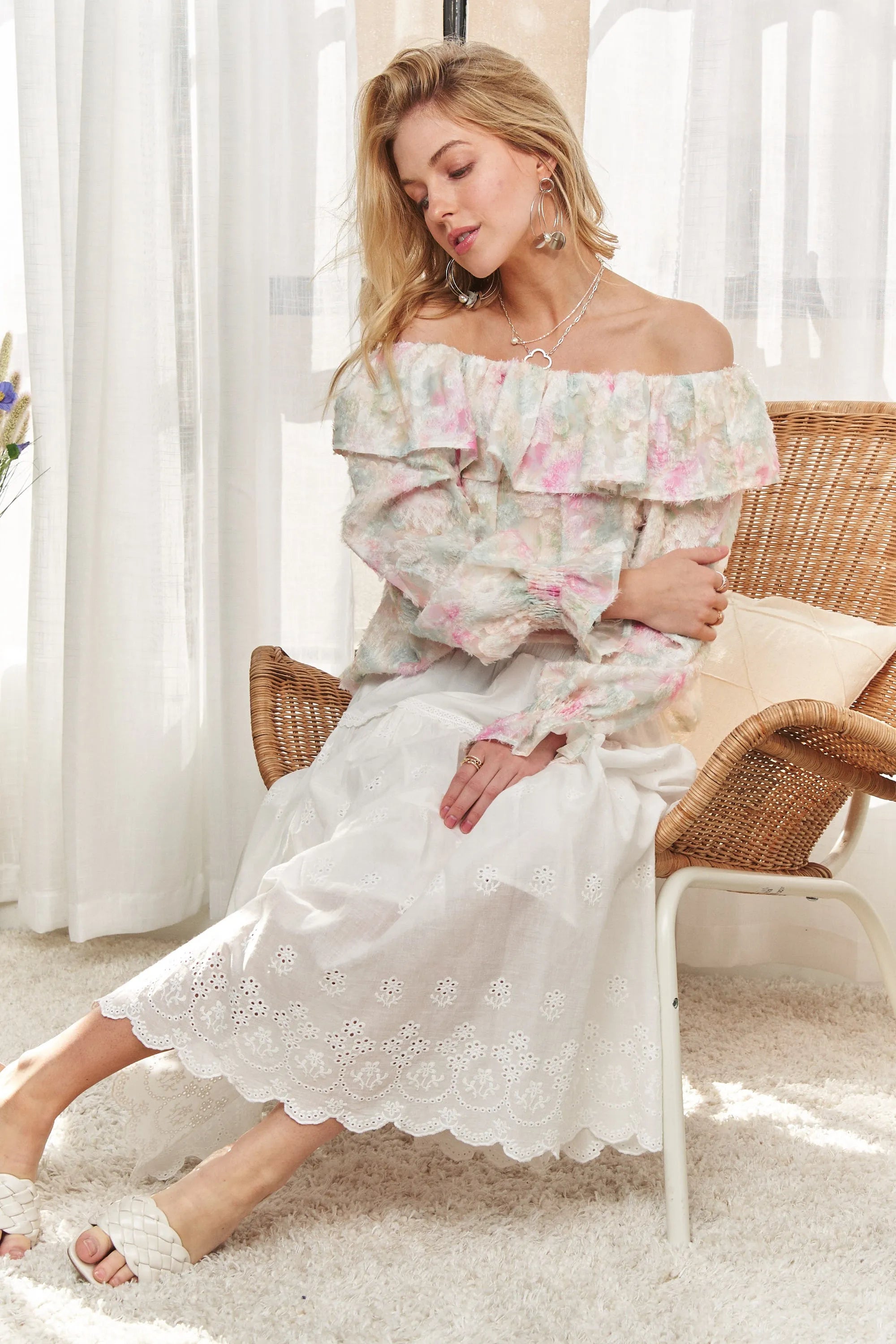 ADORA Ruffled Off Shoulder Floral Blouse OutfitFlow