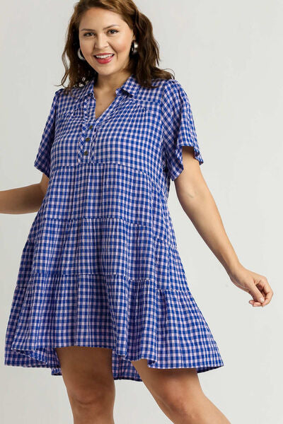 Umgee Full Size Gingham Tiered Button Detail Short Sleeve Dress Plus Size OutfitFlow