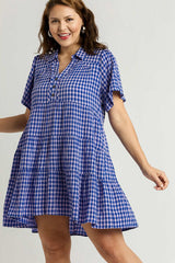 Umgee Full Size Gingham Tiered Button Detail Short Sleeve Dress Plus Size OutfitFlow