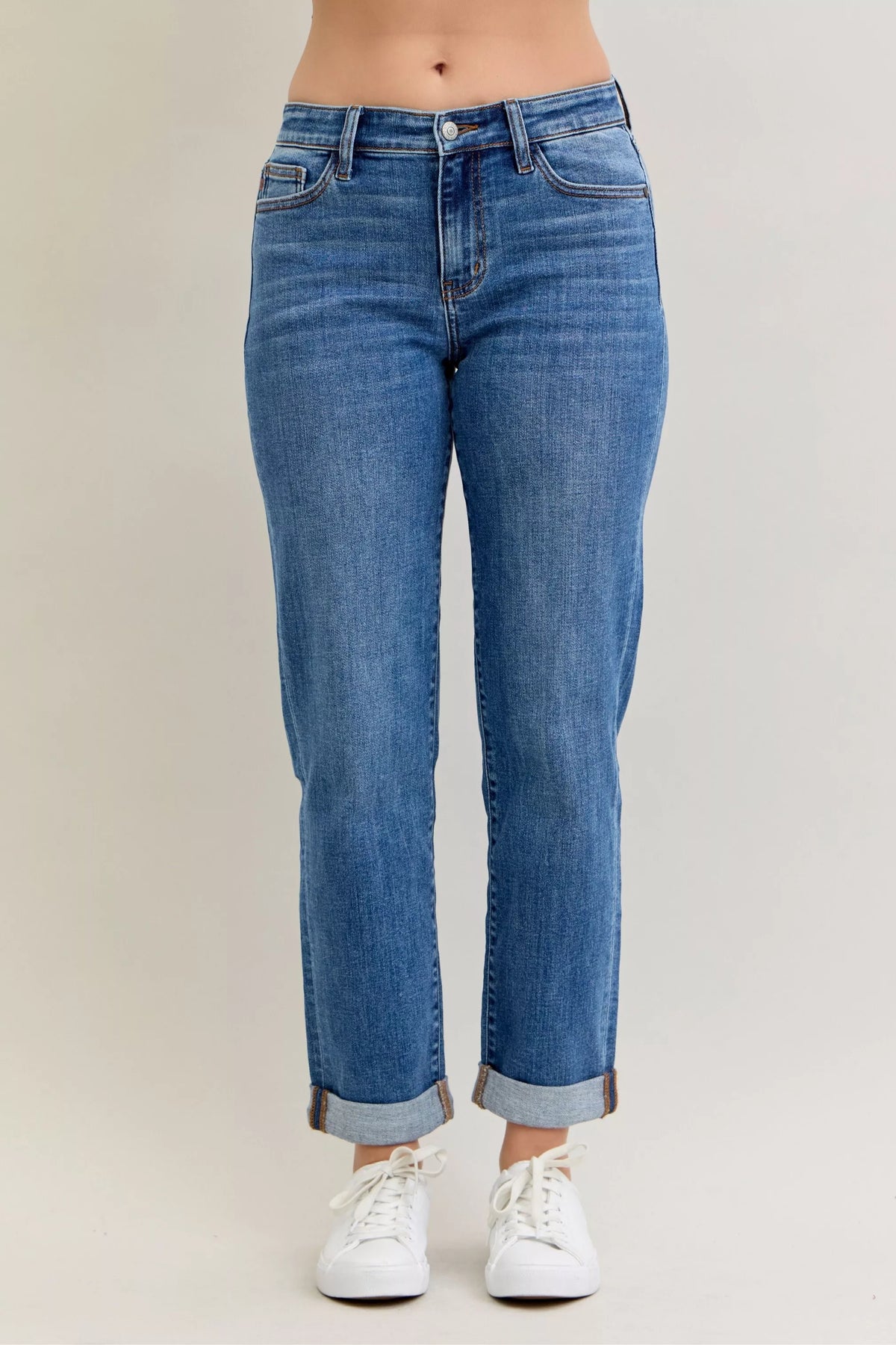 Judy Blue Full Size Mid Rise BF Classic Cuffed Jeans Plus Size MD OutfitFlow