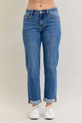 Judy Blue Full Size Mid Rise BF Classic Cuffed Jeans Plus Size MD OutfitFlow
