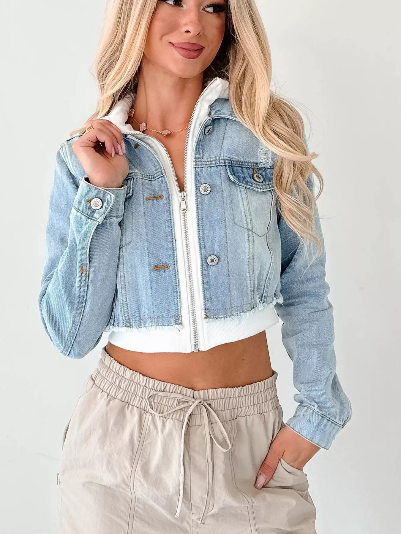 Distressed Zip Up Cropped Hooded Denim Jacket OutfitFlow
