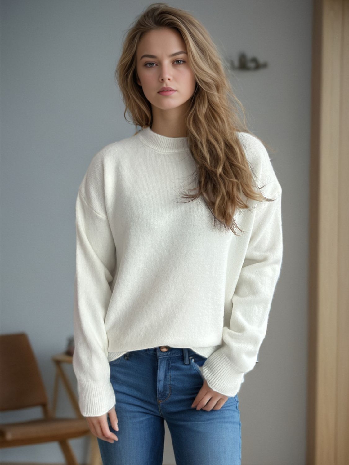 Outfit Flow - Round Neck Drop Shoulder Long Sleeve Sweater