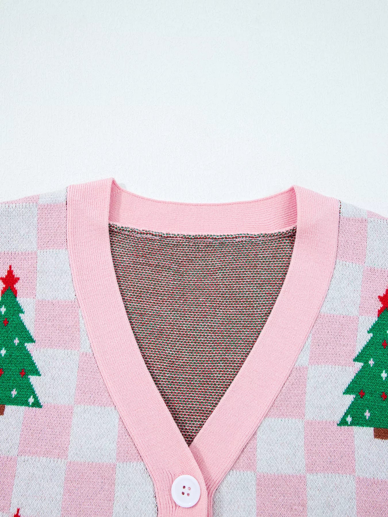 Christmas Tree Pattern Checkered Button V Neck Cardigan OutfitFlow