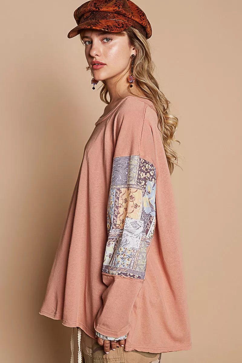 POL Round Neck Long Sleeve Roomy Fit Top with Stitch Detail OutfitFlow