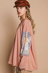 POL Round Neck Long Sleeve Roomy Fit Top with Stitch Detail OutfitFlow