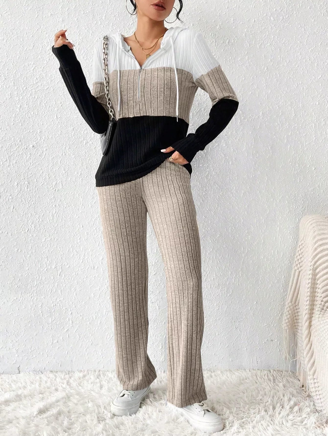 Color Block Half Zip Hooded Top and Pants Set OutfitFlow