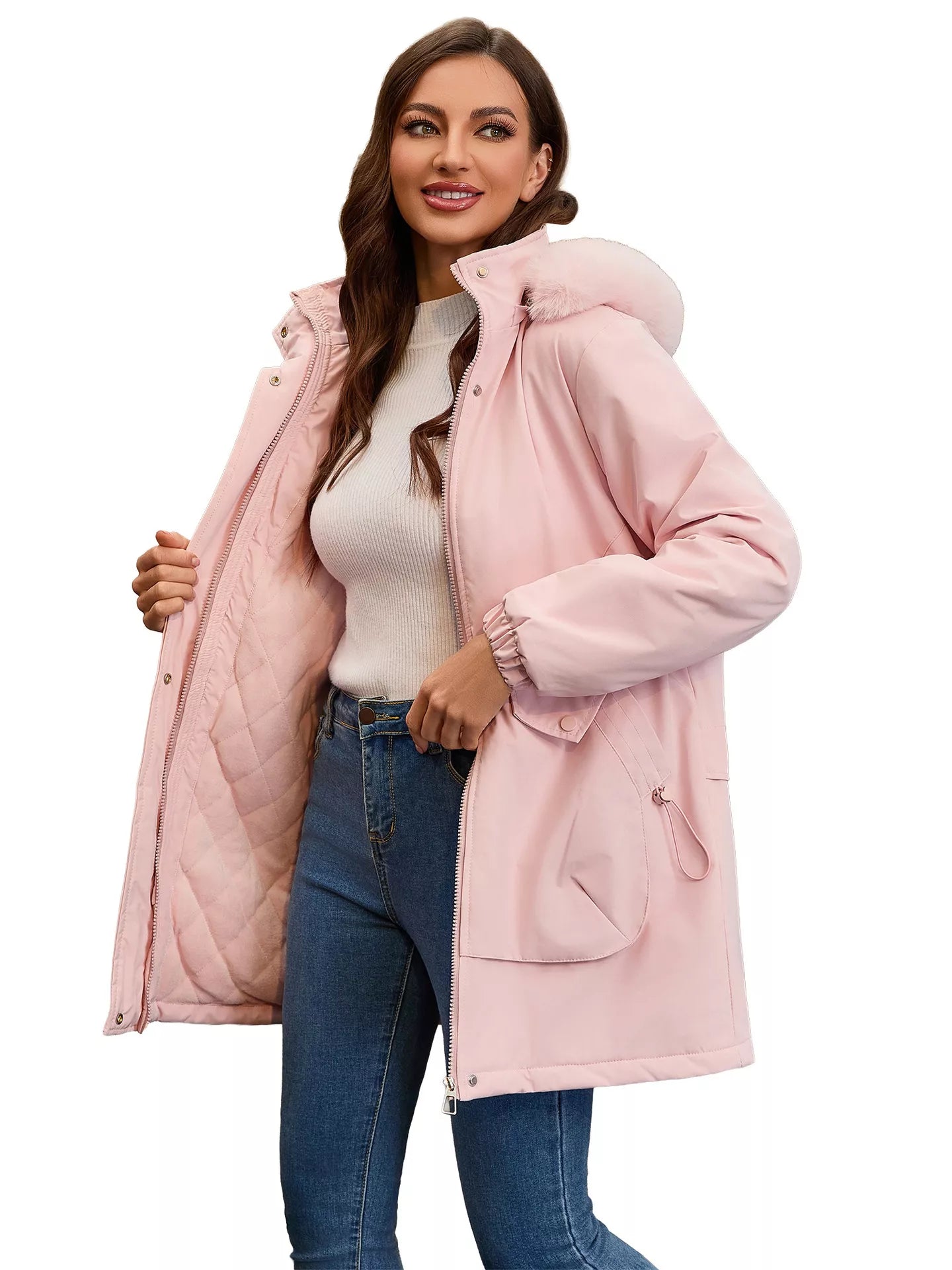 Full Size Fur Hooded Warm Winter Parka Outerwear Plus Size Pink OutfitFlow