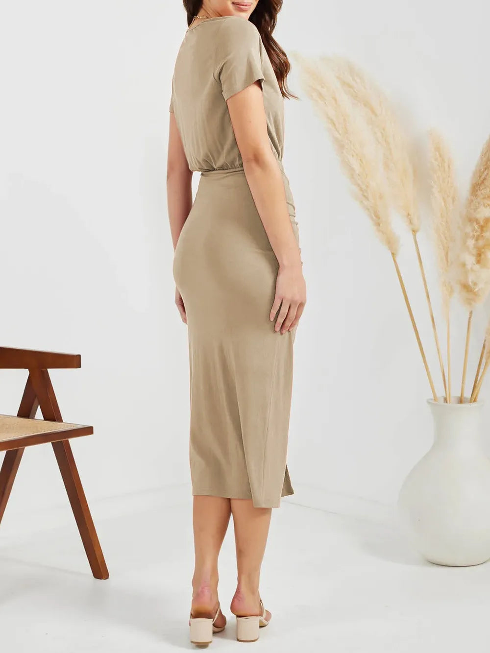 Ruched Slit V-Neck Short Sleeve Dress OutfitFlow