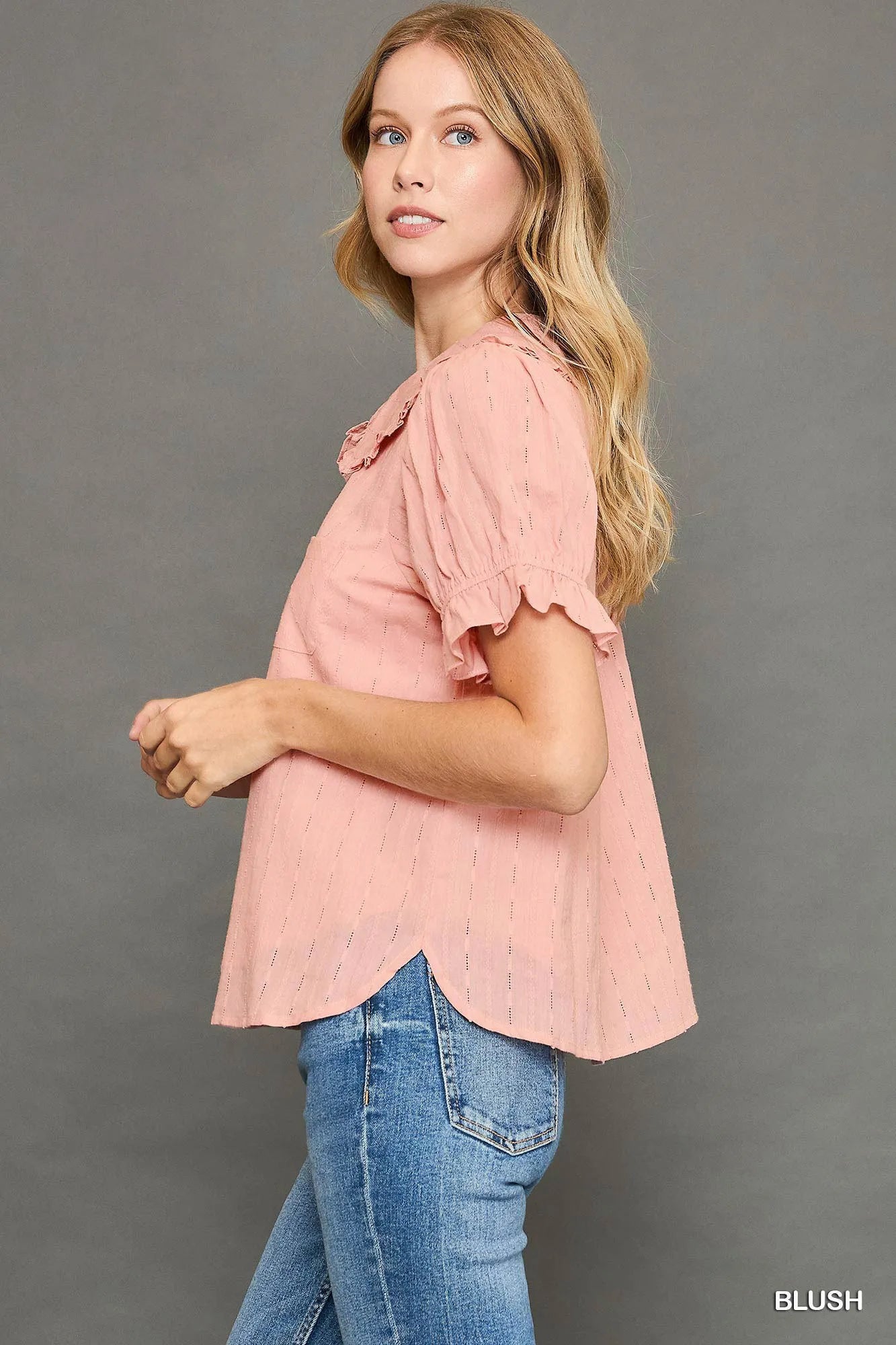 Peter Pan Collared Button Down Textured Shirt with Ruffled Detail Trendsi