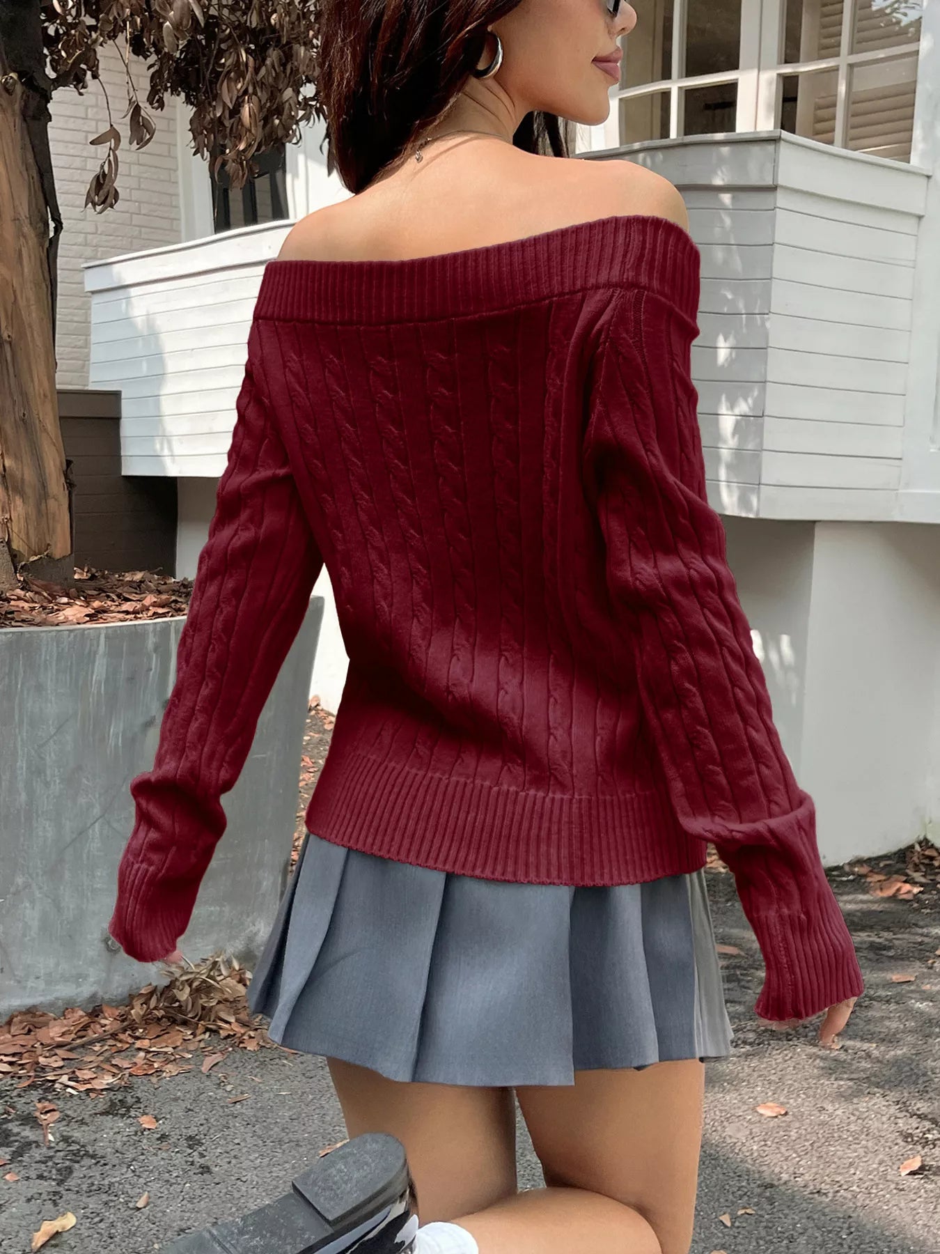Off-Shoulder Cable Knit Sweater OutfitFlow