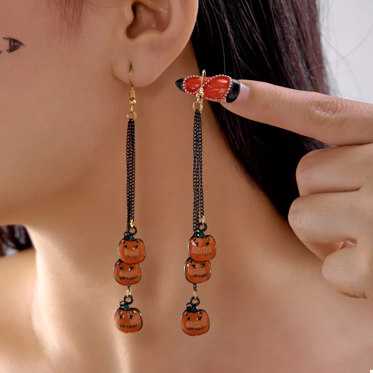 Halloween Pumpkin Chain Drop Earrings Orange One Size OutfitFlow