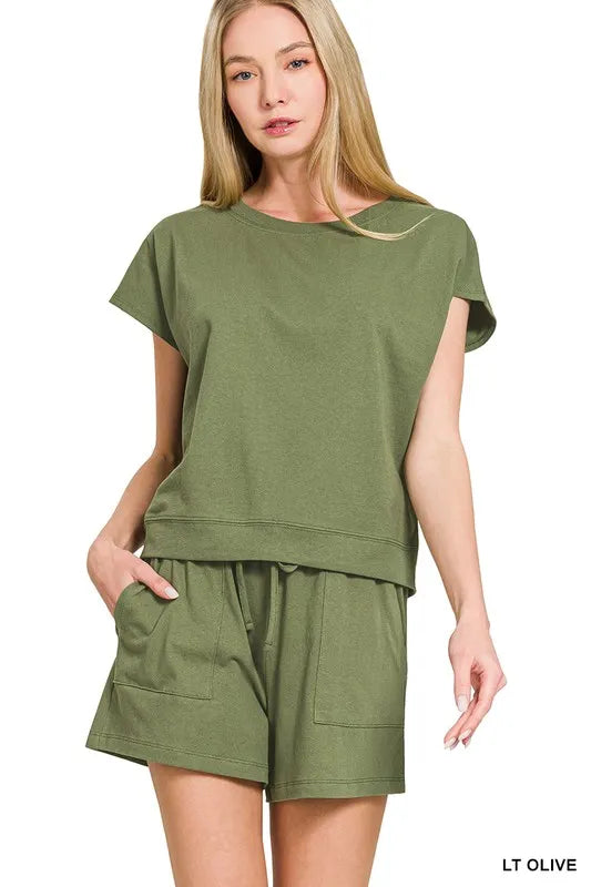 Zenana Premium Cotton Top & Shorts Set LT OLIVE OutfitFlow