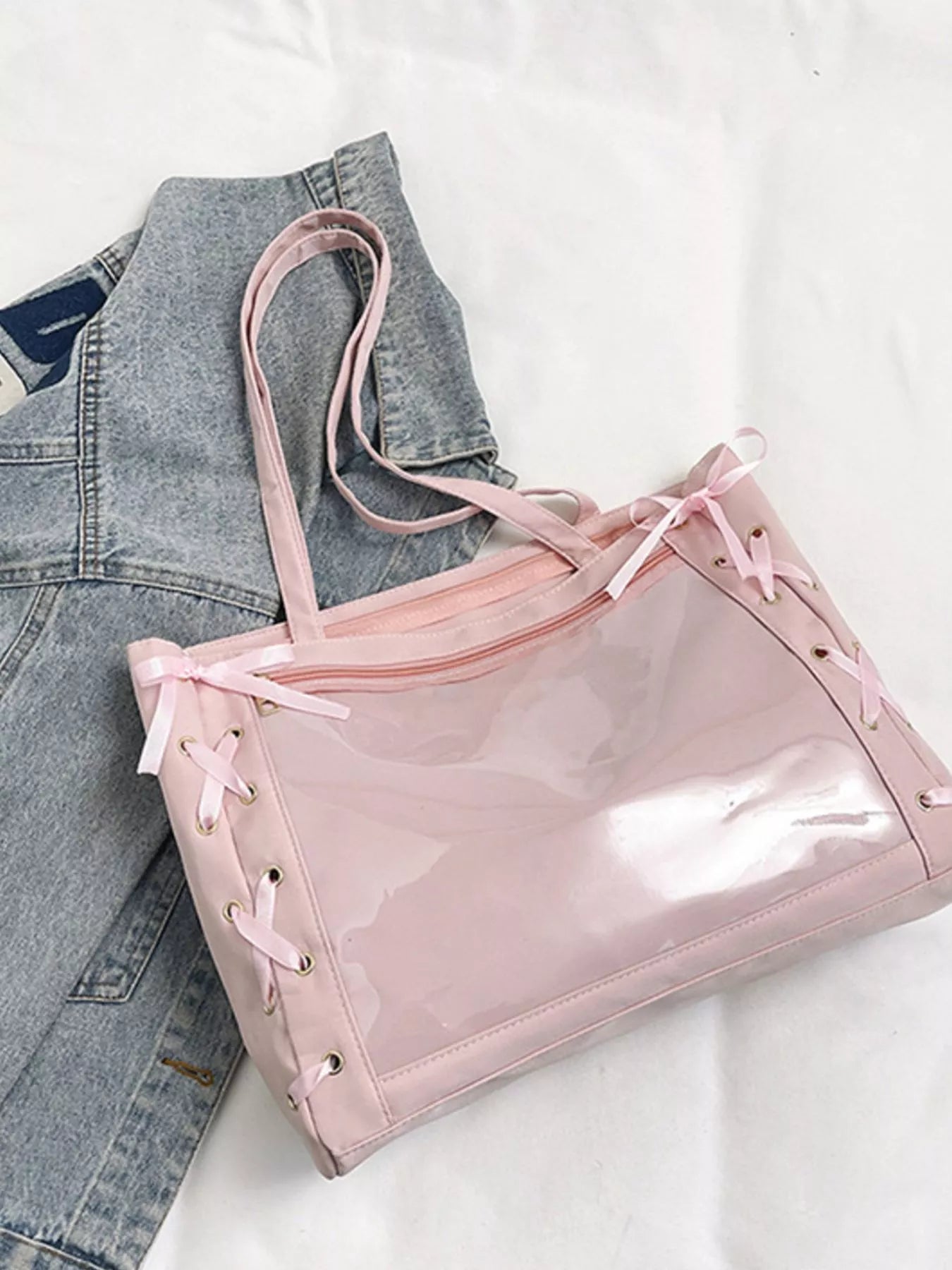 Lace-Up Trim Clear Panel Shoulder Bag OutfitFlow