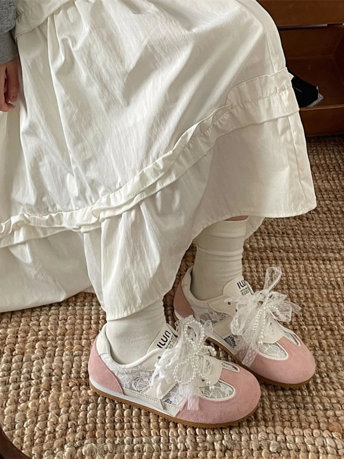 Vintage Lace Ribbon Sneakers Pink OutfitFlow