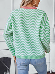 Wavy Striped Round Neck Sweater Trendsi