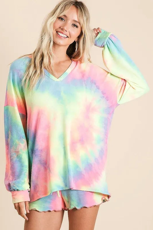 BiBi Tie Dye French Terry Top and Shorts Set OutfitFlow