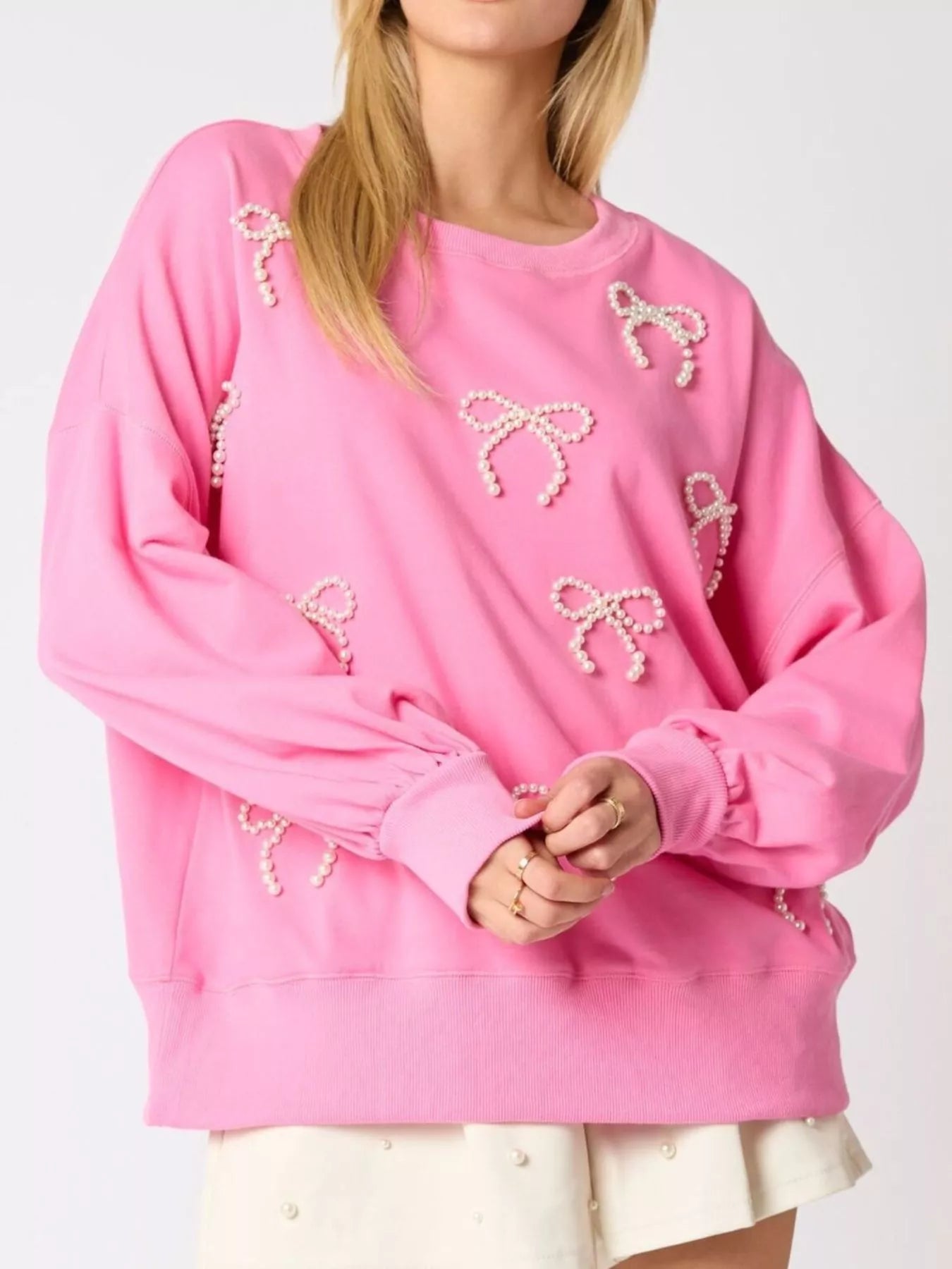 Pearl Embellished Bow Long Sleeve Sweatshirt OutfitFlow