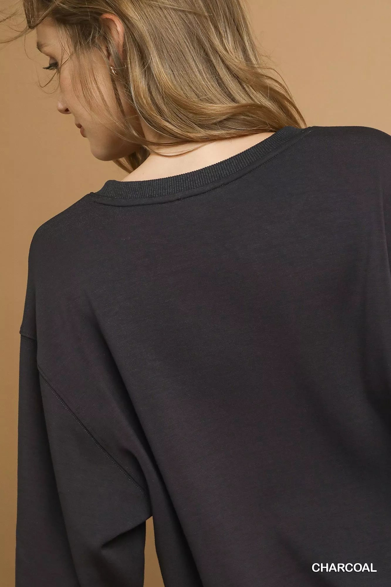Umgee Round Neck Long Sleeve Fleece Sweatshirt OutfitFlow