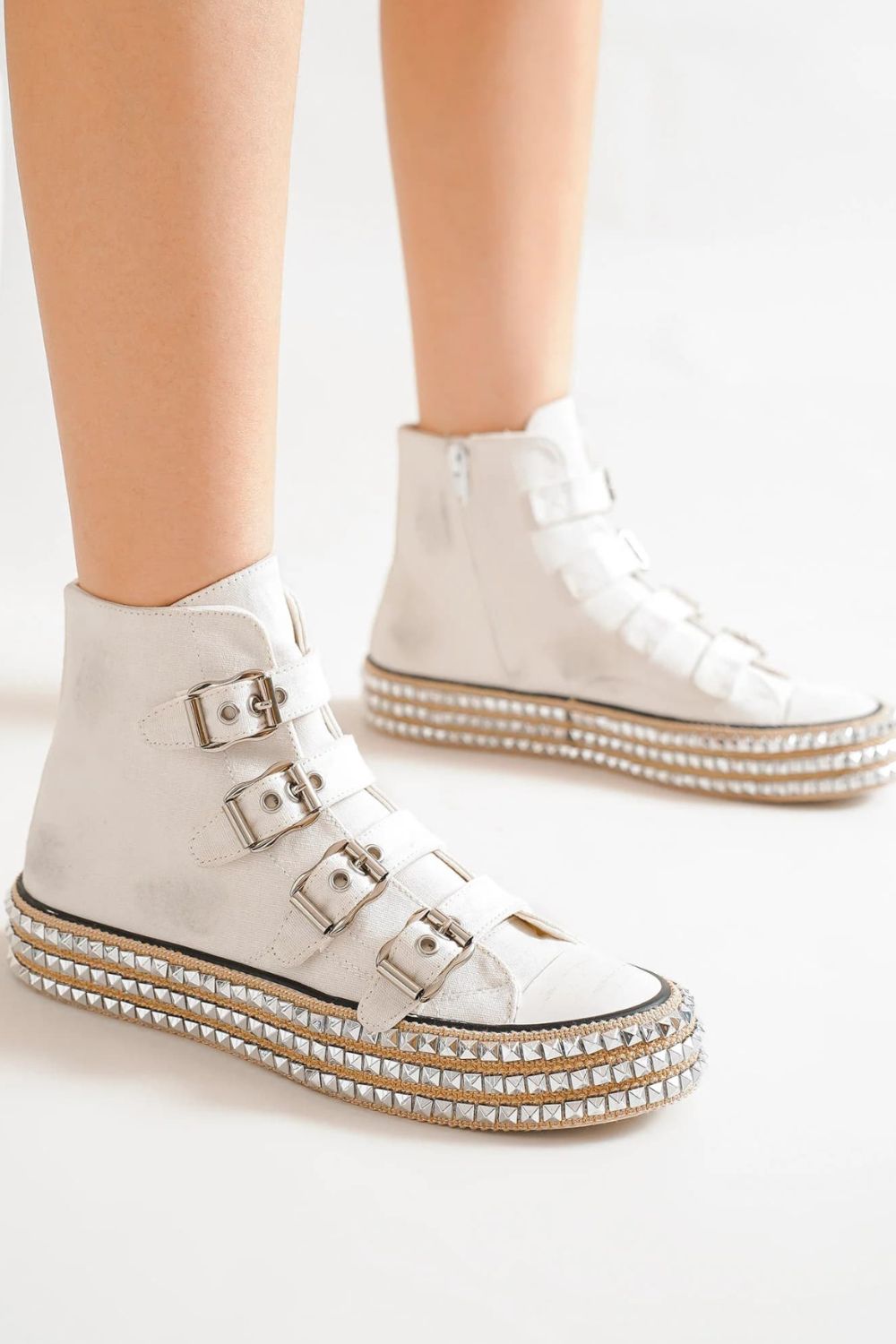 Beast Fashion Multi-Buckle Straps Studded Platform Sneakers White OutfitFlow