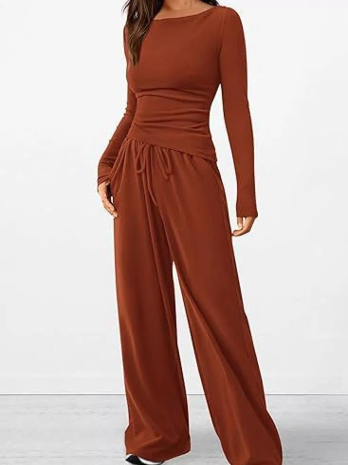 Long Sleeve Top and Wide Leg Pants Set OutfitFlow