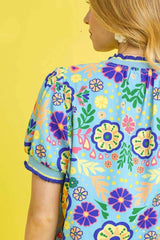 Umgee Retro Floral Puff Sleeve Top OutfitFlow