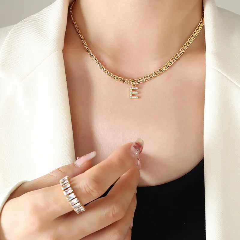 Brass Inlaid Zircon Letter Pendant Necklace Style E One Size OutfitFlow