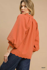 Umgee Textured Notched Balloon Sleeve Blouse with Scalloped Hem OutfitFlow
