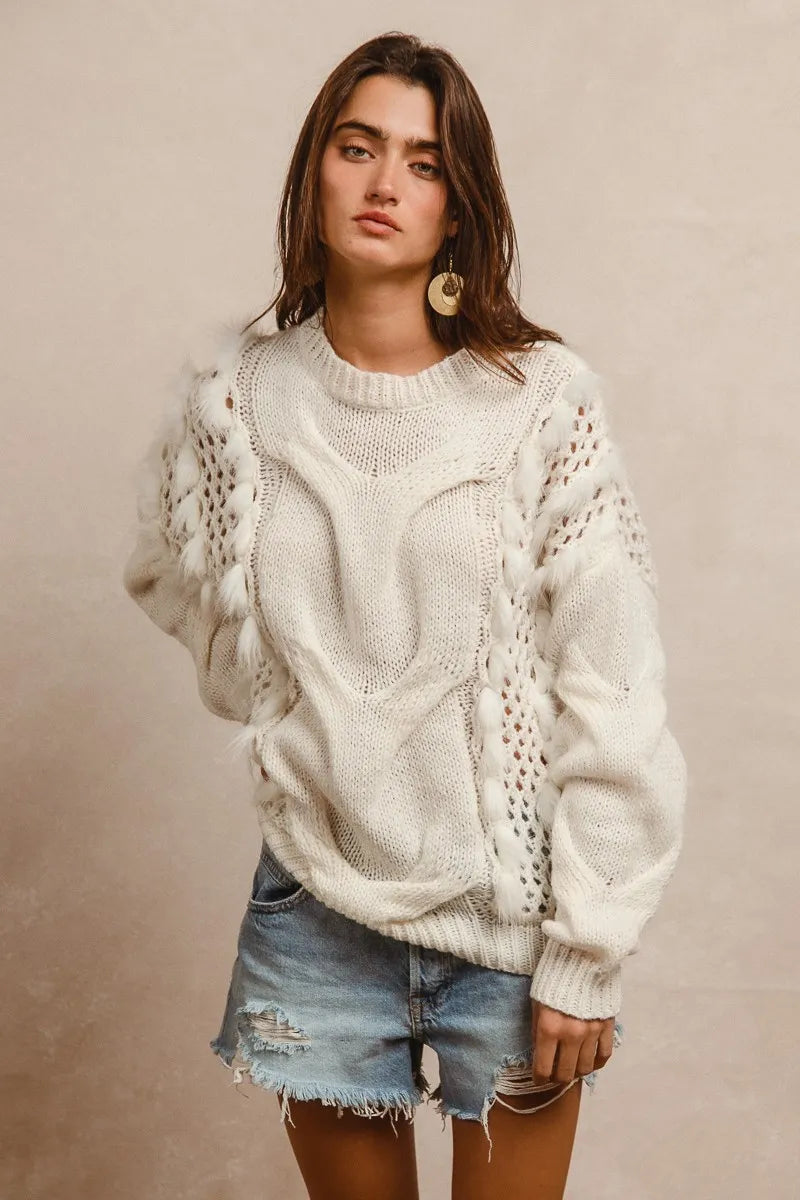 BiBi Faux Fur Detailed Pointelle Cable Knit Sweater OutfitFlow