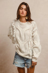BiBi Faux Fur Detailed Pointelle Cable Knit Sweater OutfitFlow
