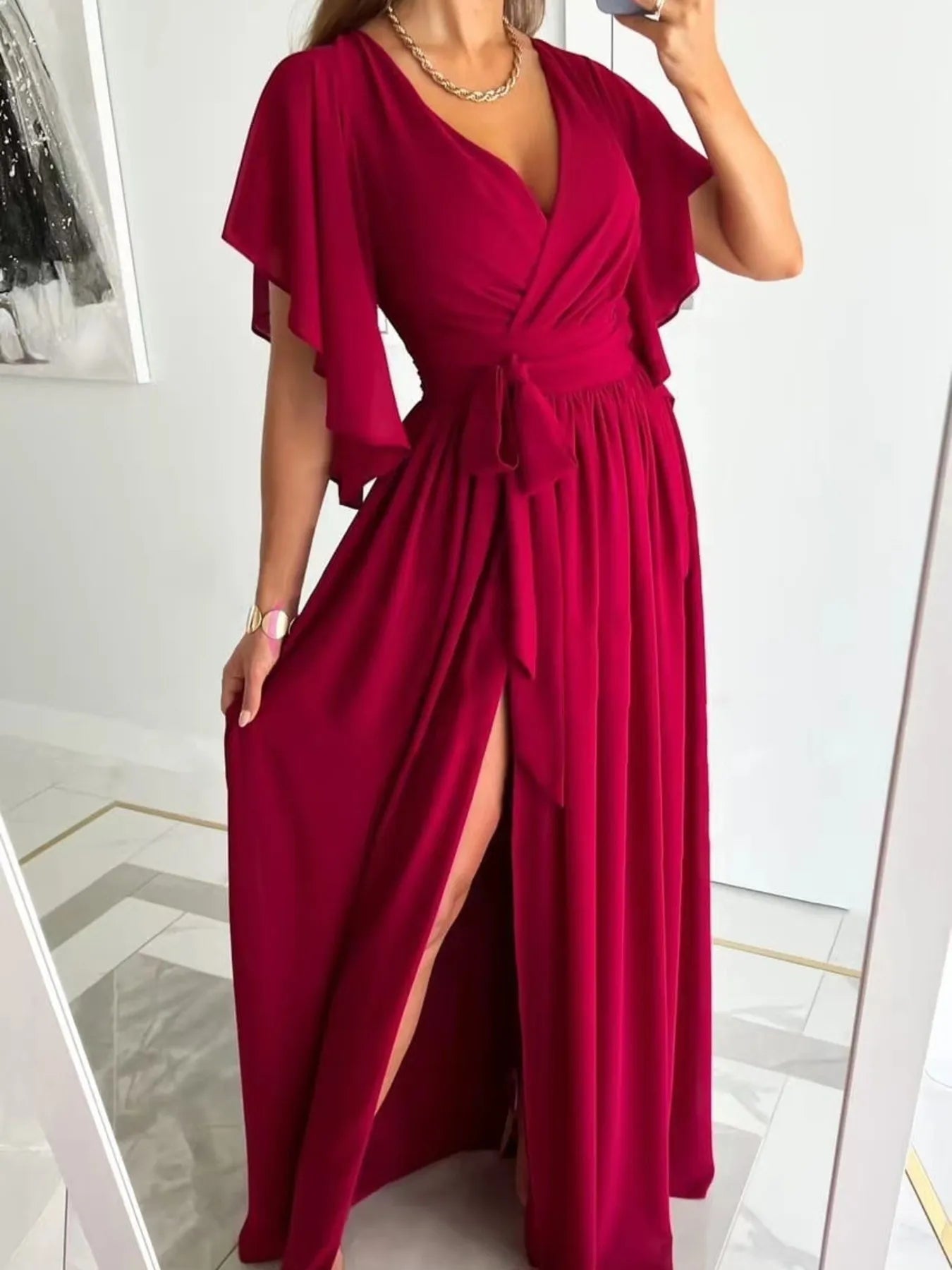 Flutter Sleeve Surplice Tie Waist Dress Red OutfitFlow