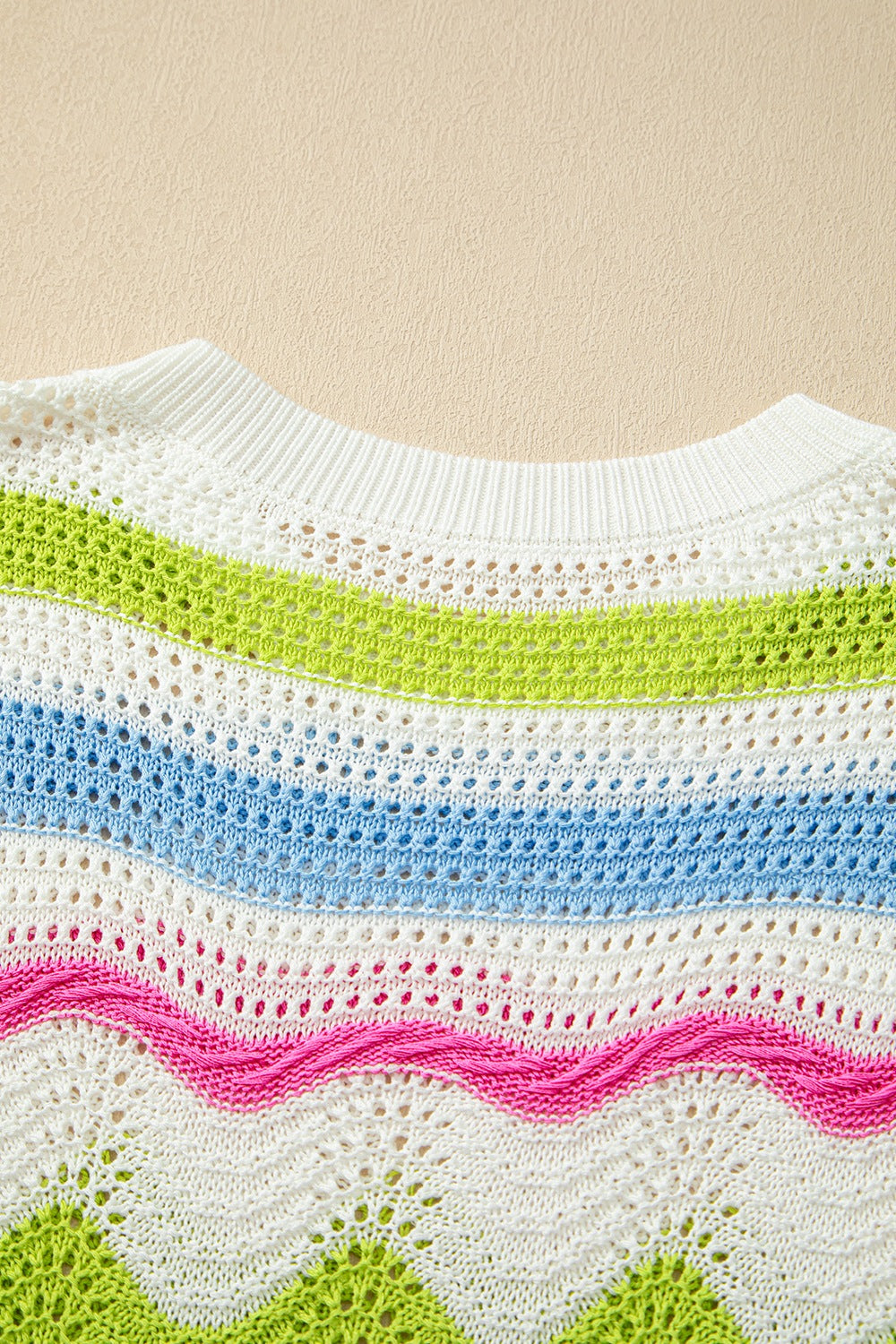 Color Block Crochet Ruffled Short Sleeve Knit Top OutfitFlow