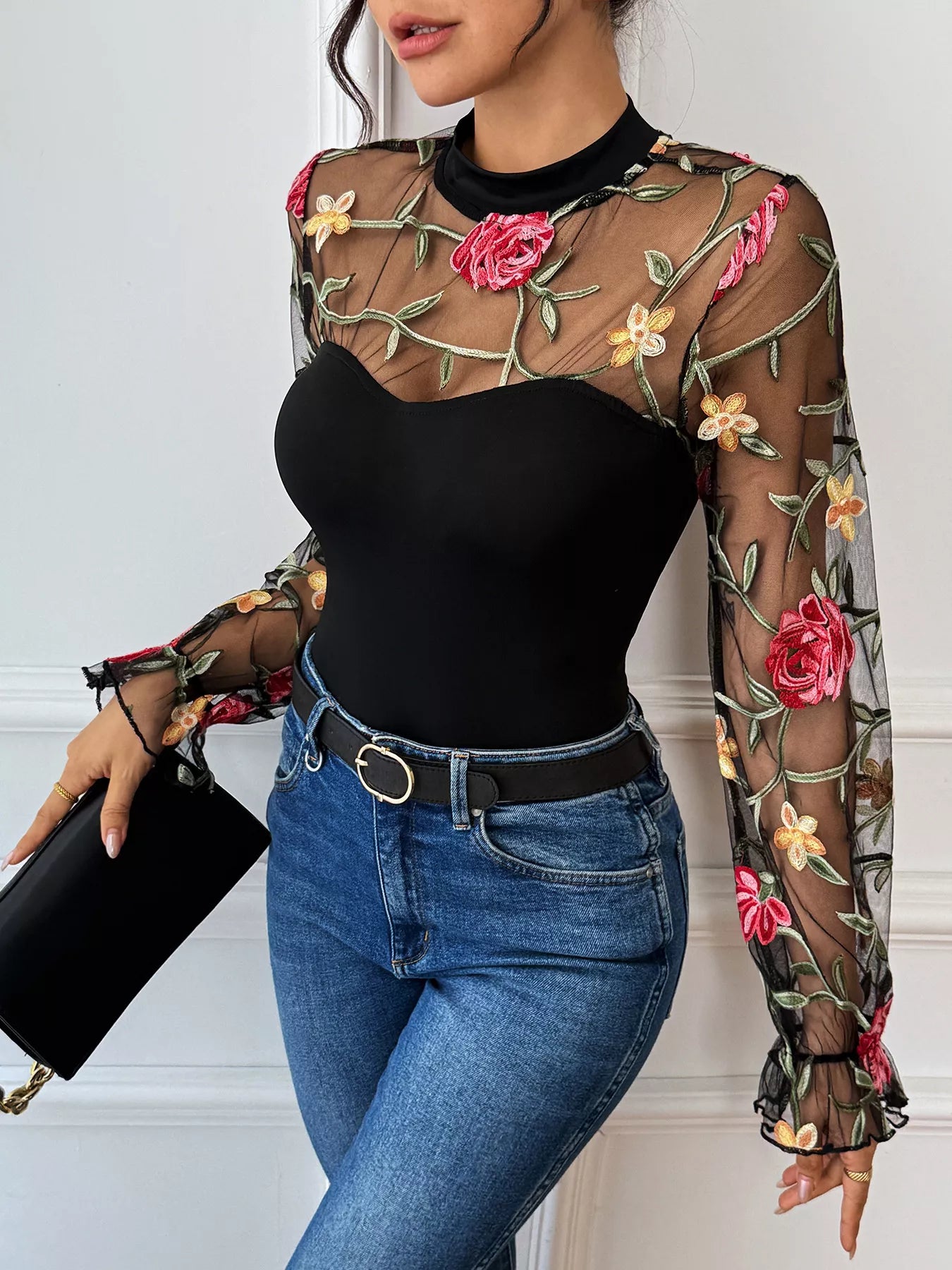 Floral Embroidered Mesh Long Sleeve Bodysuit Black OutfitFlow