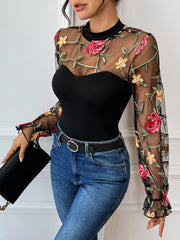 Floral Embroidered Mesh Long Sleeve Bodysuit Black OutfitFlow