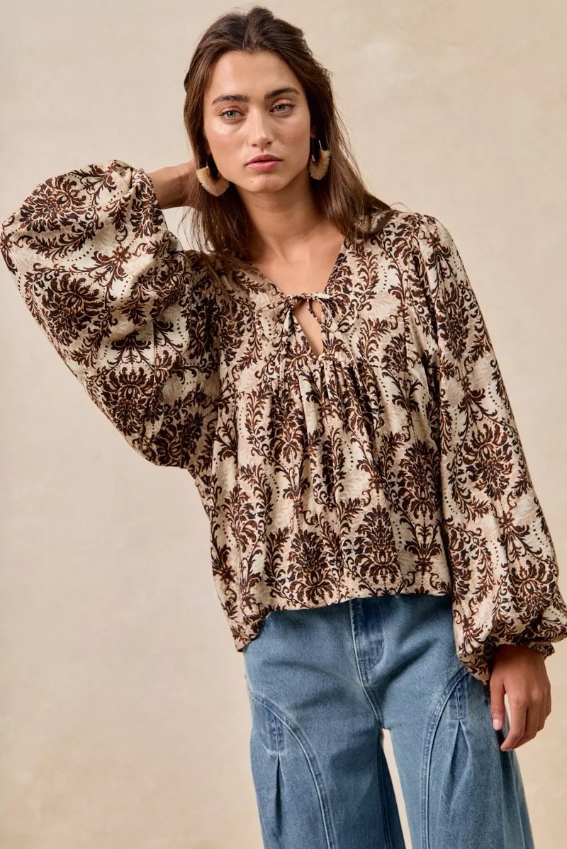 BiBi Printed Woven Front Tied Blouse with Baloon Sleeve OutfitFlow