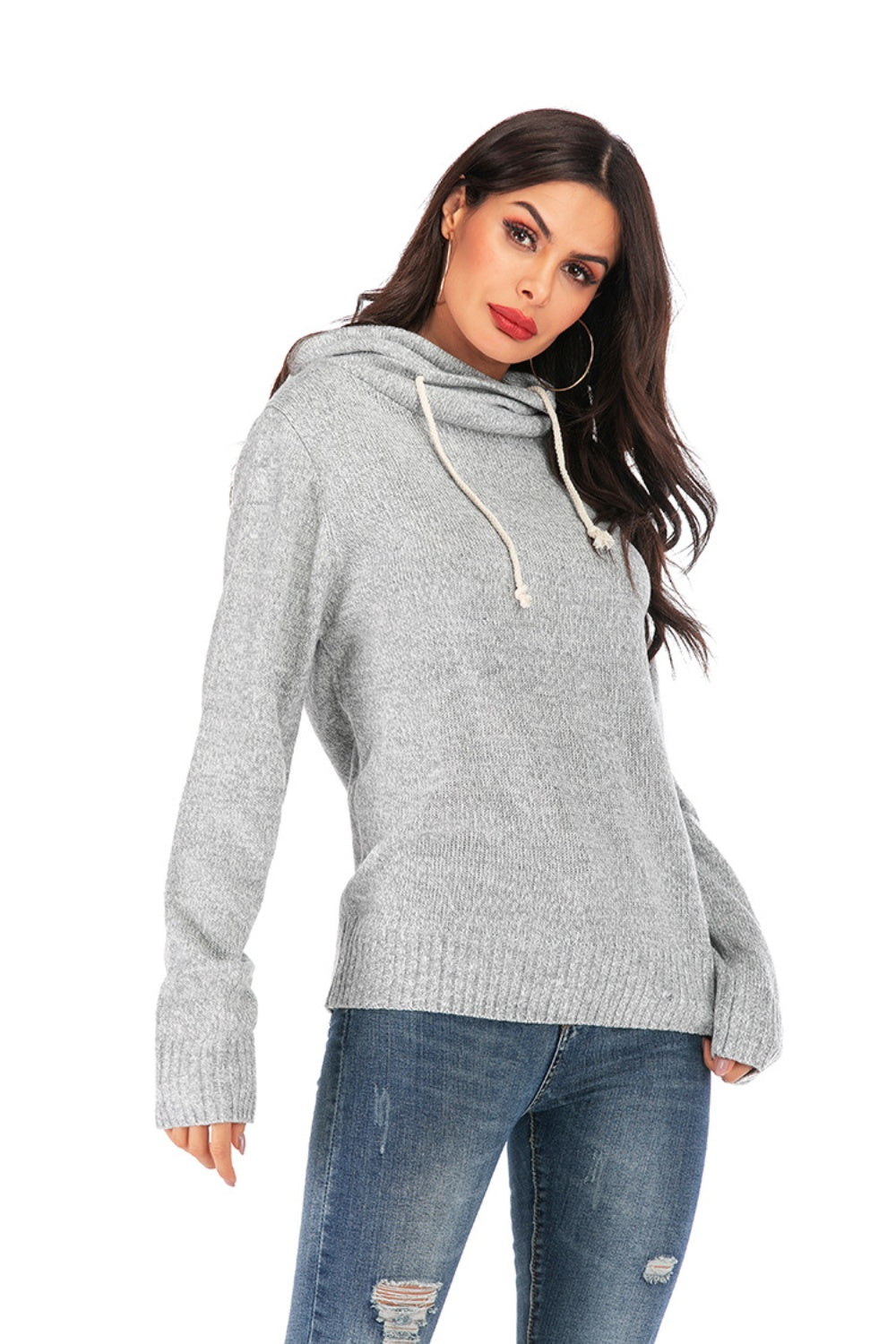 Outfit Flow - Drawstring Mock Neck Long Sleeve Sweater