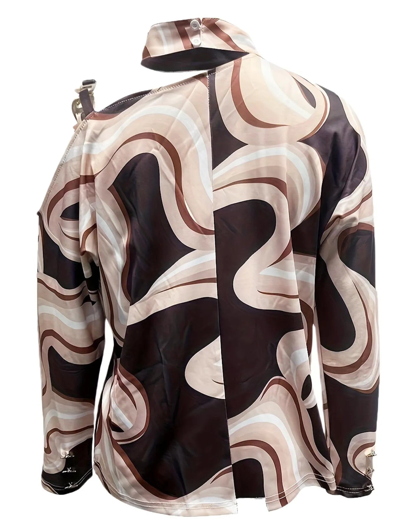 Cutout Abstract Print Mock Neck Blouse OutfitFlow